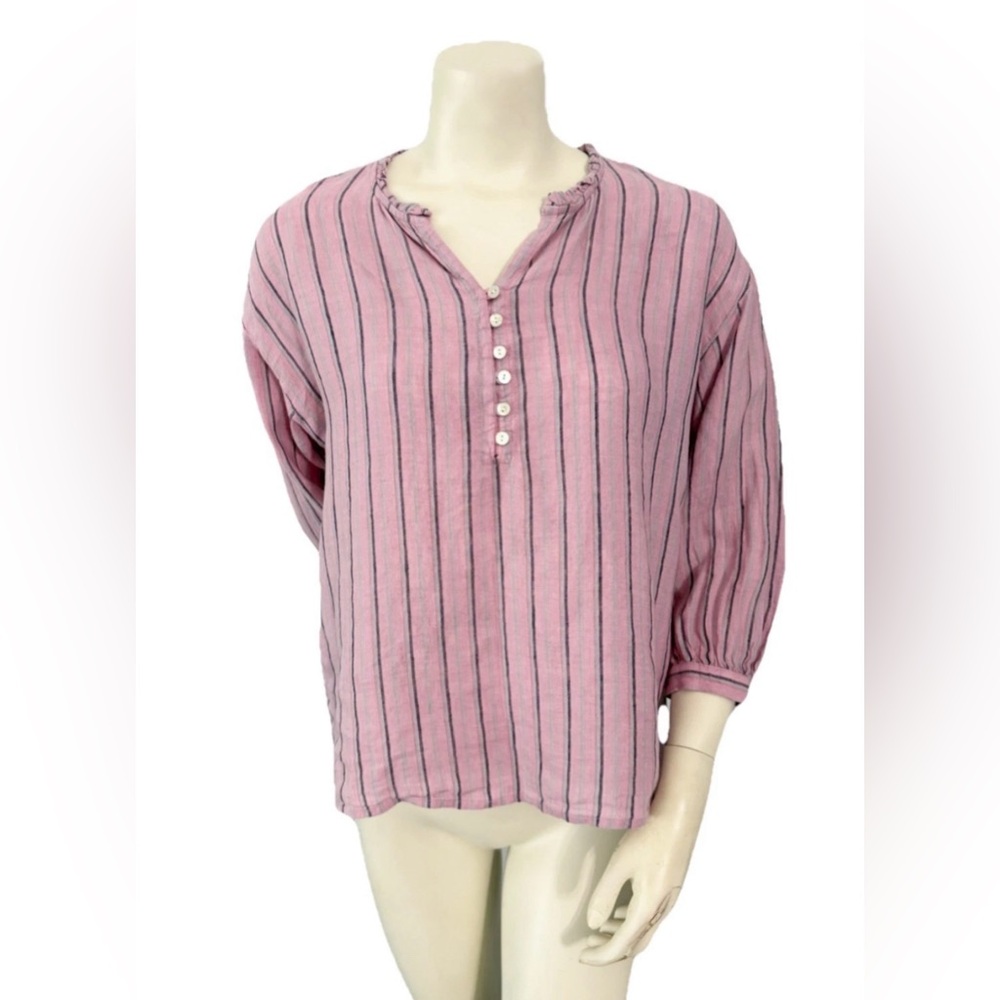 J.Jill Love Linen Pink Striped Button Front Blouse XS 3/4 Sleeve Casual Top